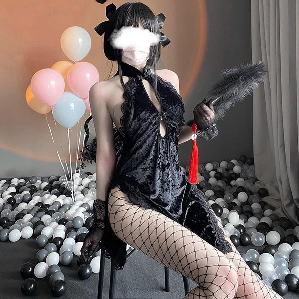 Black Velour Cheongsam Dress - china, chinese, cosplay, costume, dresses