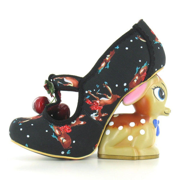 black 3d cherry deer high heels platform shoes 3d lolita style 1970s vintage kitsch retro cherries print irregular shaped heel disney bambi baby fawn harajuku japan street fashion by kawaii babe