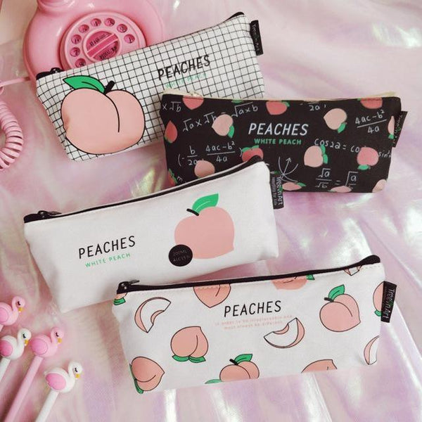 Peaches Cosmetic Make-Up Bag Stationary Pencil Case Zipper Peach Fruit Kawaii Style Clutch Purse