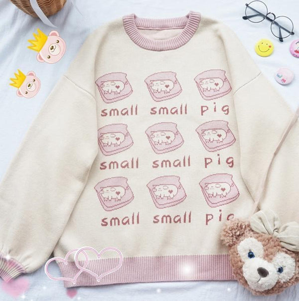 Little Piggy Crewneck - embroidered, embroidery, knit, knit sweater, knitwear