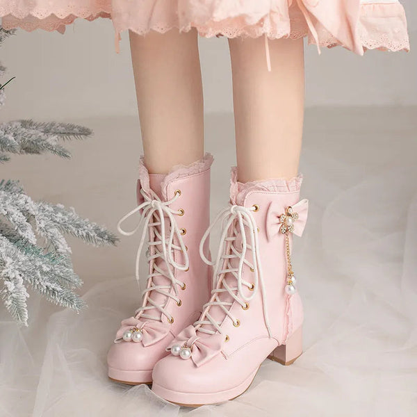 Pretty pearl princess booties - black - boots - bows - heels - kawaii