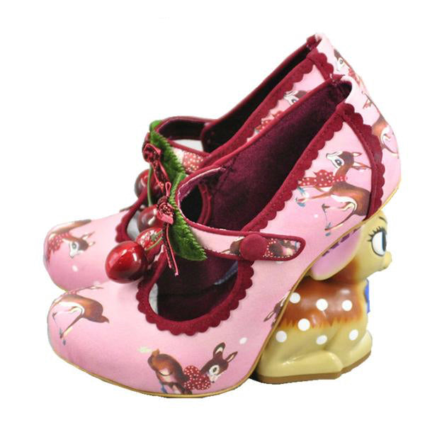 pink 3d cherry deer high heels platform shoes lolita style 1970s vintage kitsch retro cherries print irregular shaped heel disney bambi baby fawn harajuku japan street fashion by kawaii babe